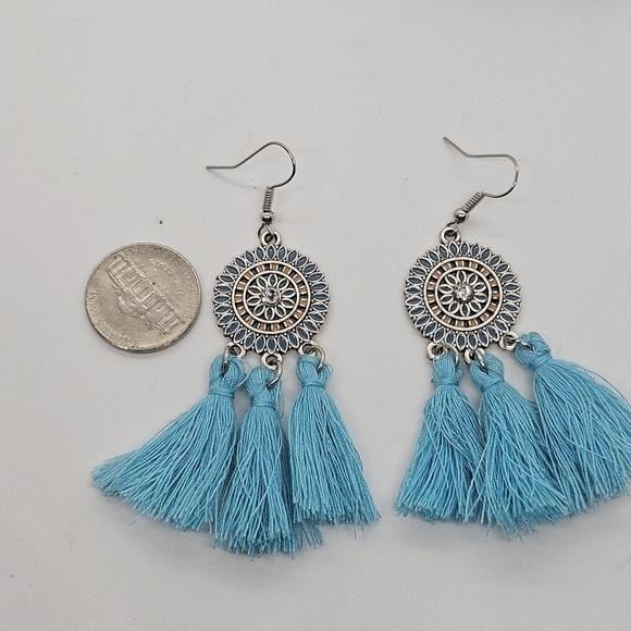 light blue and silver tone enamel disk earrings with tassels - Picture 4 of 4
